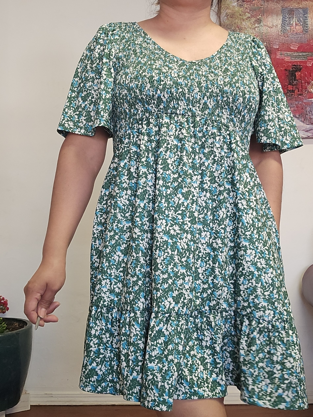 UEAL Green Floral Short Sleeve V Neck Flutter With Pockets Spring Summer Dress - Picture 4 of 8